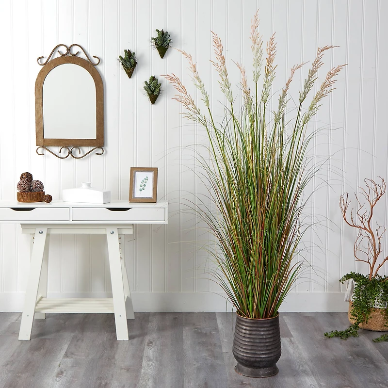 6ft. Grass Plant in Ribbed Metal Planter