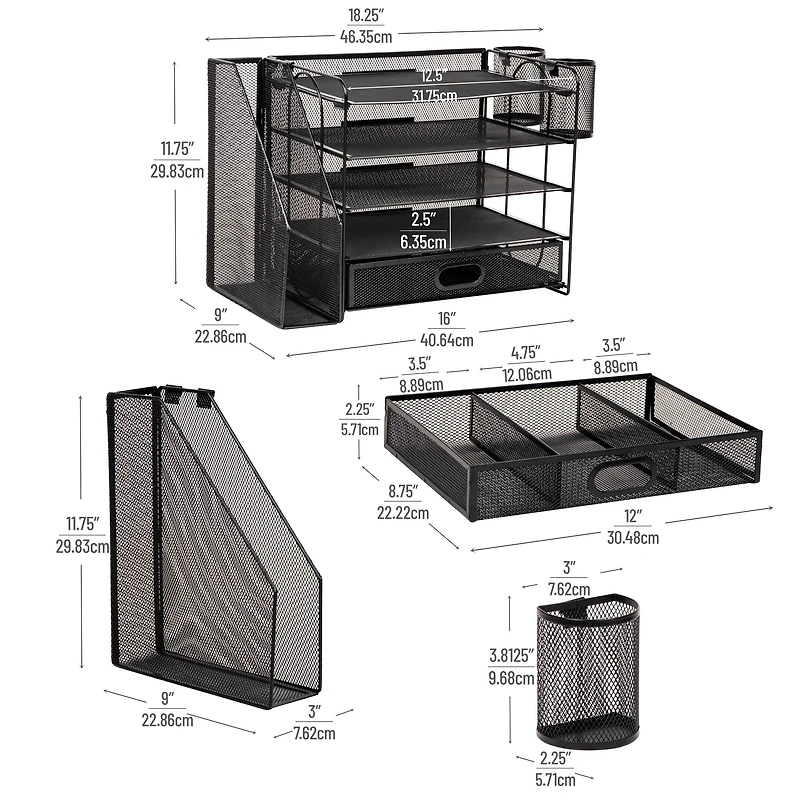Mind Reader Mesh Desk Organizer, 4 Trays, 1 Drawer, File Holder, 2 Pen Cups, Office Desktop Organizer, Metal Mesh, Black