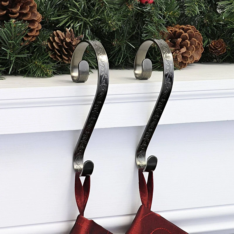 Haute Decor Stocking Scroll® Holly Embossed Antique Brass Stocking Holders