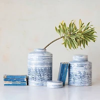 Hello Honey® Blue & White Striped Stoneware Ginger Jar with Reactive Glaze