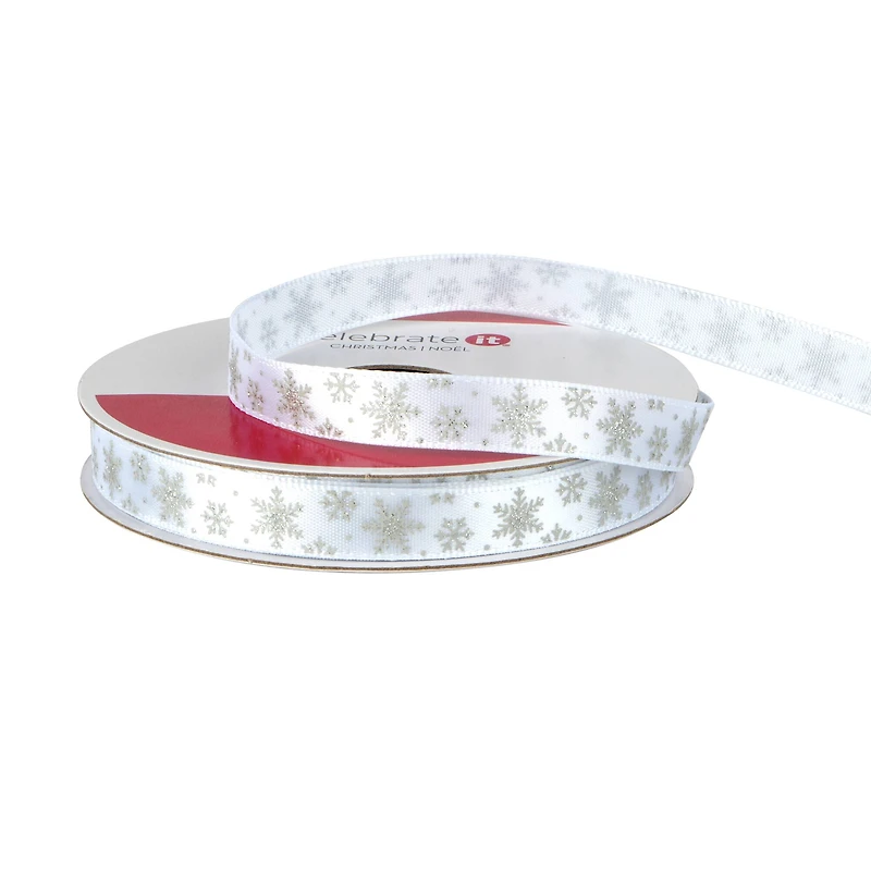 3/8" x 12ft. Silver Snowflake on White Ribbon by Celebrate It® Christmas