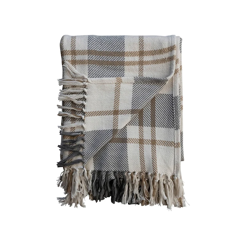 Hello Honey® Gray, Gold & White Plaid Brushed Cotton Flannel Throw with Fringe