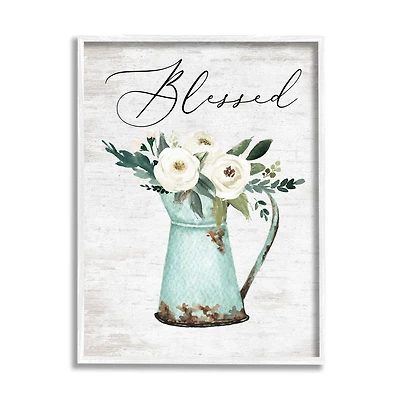 Stupell Industries Blessed Phrase Vintage Farm Can White Flower Bouquet Framed Wall Art