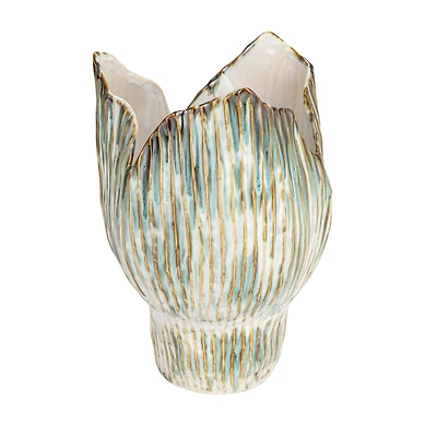 Hello Honey® 12" Green & White Pleated Sculptural Stoneware Vase with Reactive Glaze