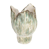 Hello Honey® 12" Green & White Pleated Sculptural Stoneware Vase with Reactive Glaze