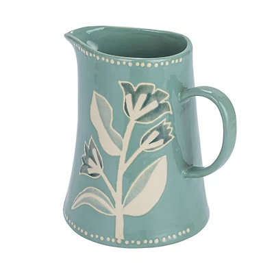Hello Honey® 8" Blue Hand-Painted Wax Relief Pattern Stoneware Pitcher