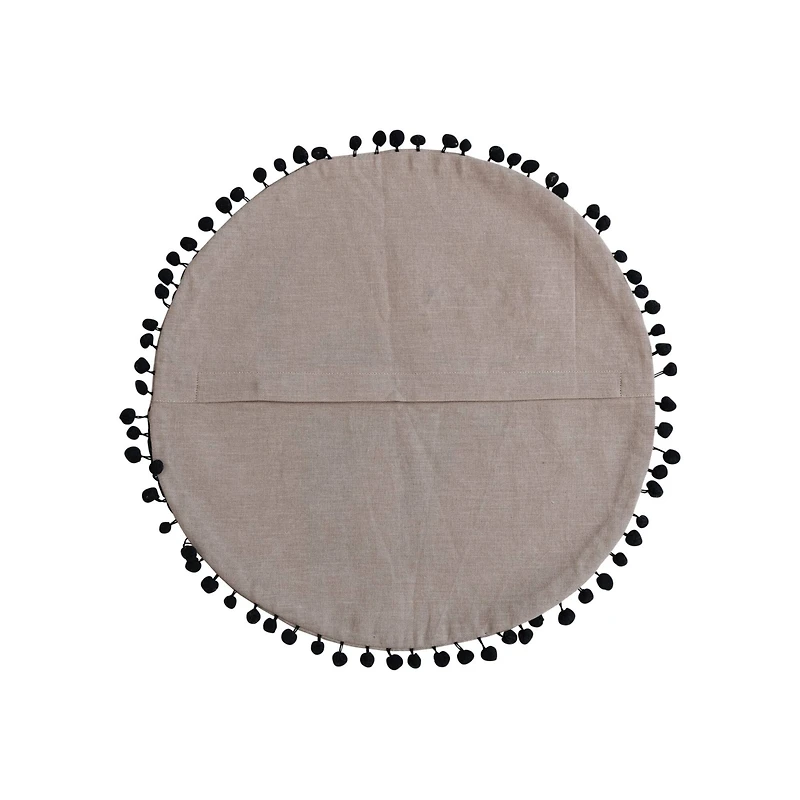 Hello Honey® 16" White & Black Round Cotton Chambray Printed Pillow with Cat Design, Embroidery & Pom Pom Trim