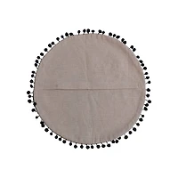 Hello Honey® 16" White & Black Round Cotton Chambray Printed Pillow with Cat Design, Embroidery & Pom Pom Trim