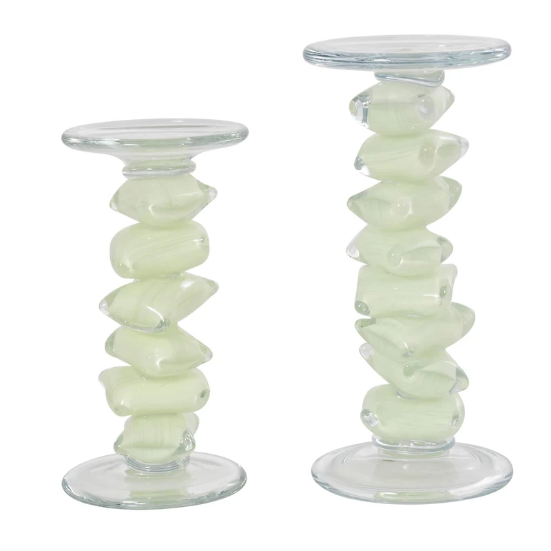 Green Glass Stacked Stone Candle Holder Set