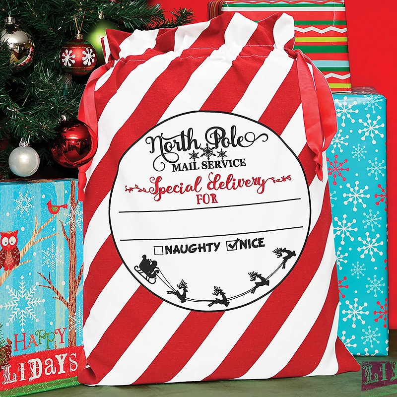 Personality Case™ 17" x 26" & White Stripe Cotton Christmas Drawstring Bag