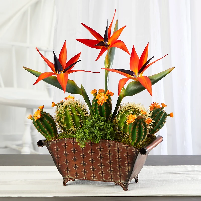 21" Bird of Paradise & Cactus Plant in Metal Planter