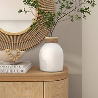 11" White Ceramic Vase with Wrapped Rattan Detailing