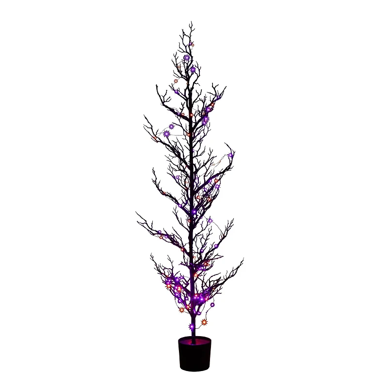5ft. Pre-Lit Artificial Halloween Black Spooky Twig Tree with 200 Orange & Purple Copper Wire String LED Lights