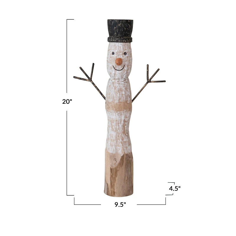 Hello Honey® 20" Snowman Hand-Carved Mango Wood Accent