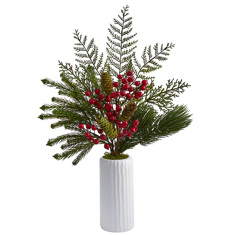 23" Mixed Pine, Pinecone & Berry Arrangement in White Vase