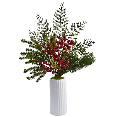 23" Mixed Pine, Pinecone & Berry Arrangement in White Vase