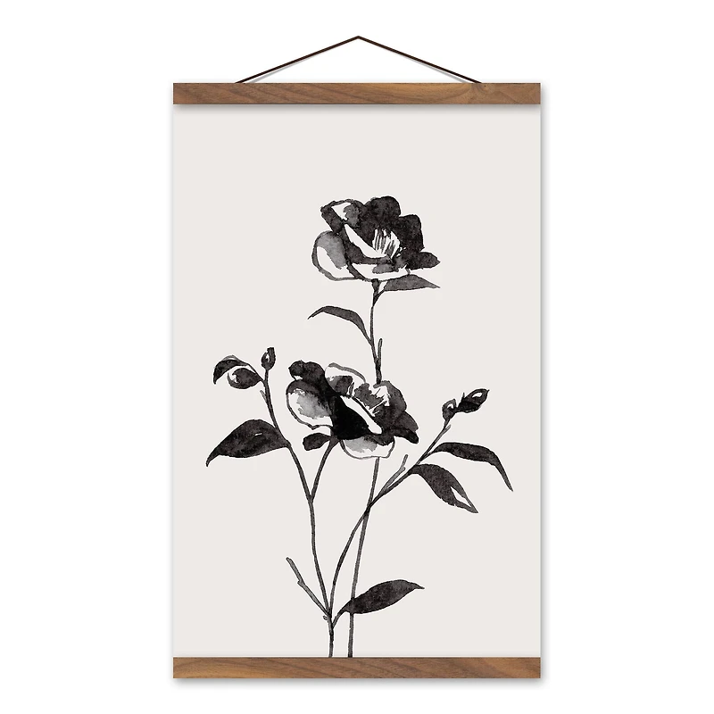 Inky Budded Roses 12" x 18" Teak Hanging Canvas - Set of 2