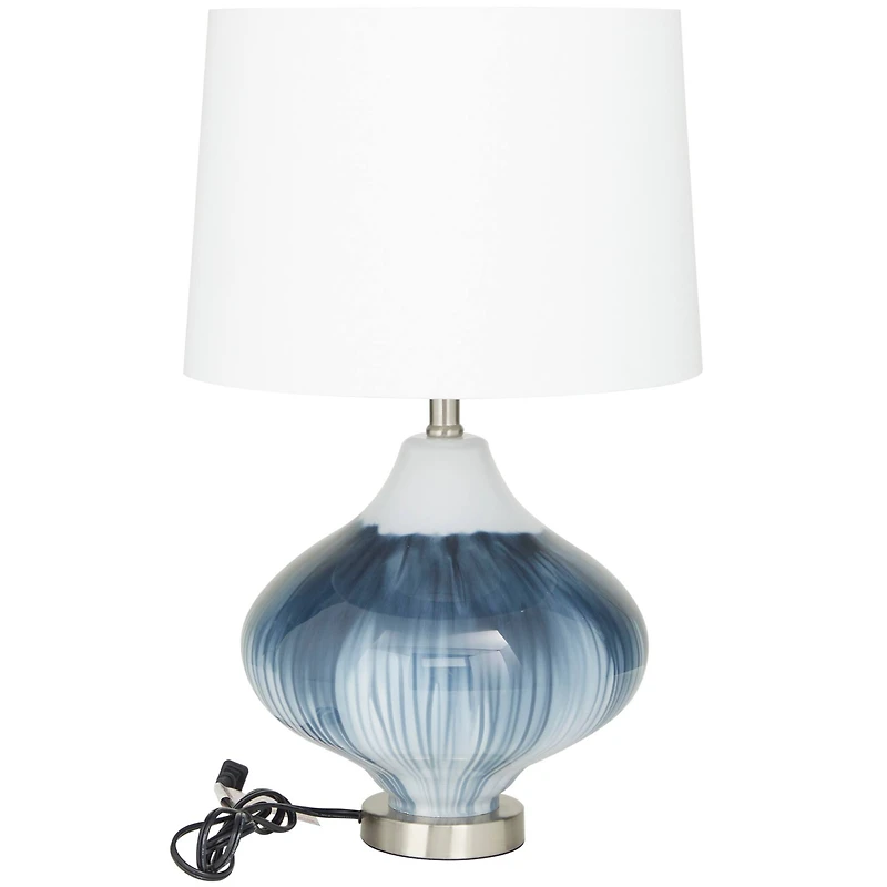 Blue Glass Gourd Style Base Table Lamp with Drum Shade 14" x 14" x 24"