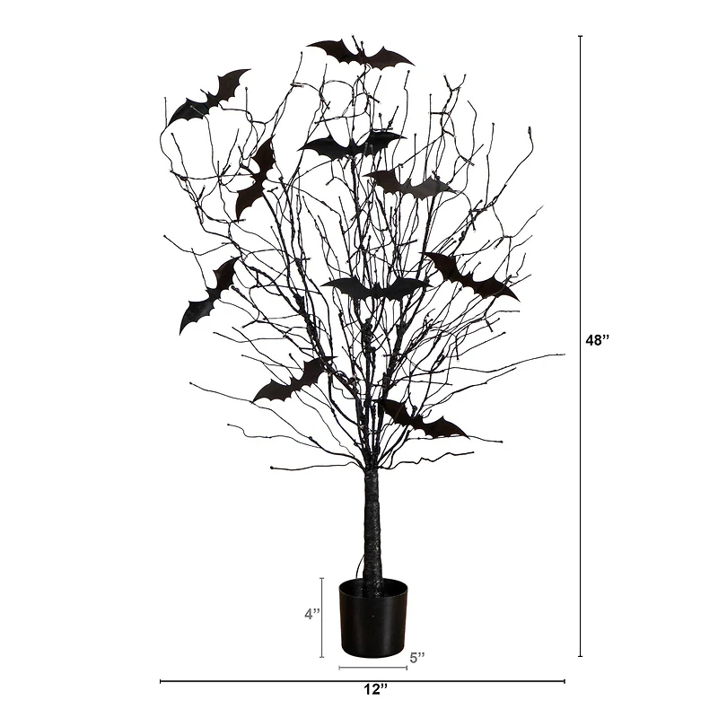 4ft. Pre-Lit Artificial Halloween Black Twig Tree with Bats and 50 Orange LED Lights