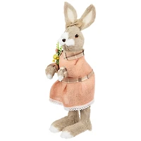 15.25" Beige Rustic Girl Rabbit Easter Figure with Flowers
