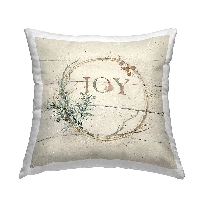 Stupell Industries Joy Typography Seasonal Botanical Sprig Wreath Throw Pillow, 18" x 18"
