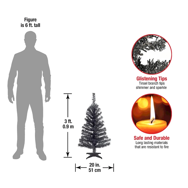 3ft. Unlit Black Tinsel Artificial Christmas Tree