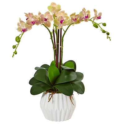 22" Cream & Purple Moth Orchid Silk Arrangement in White Vase