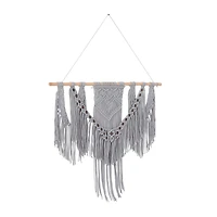 Gray Cotton Intricately Weaved Macrame Wall Decor with Beaded Fringe Tassels 36" x 1" x 47"