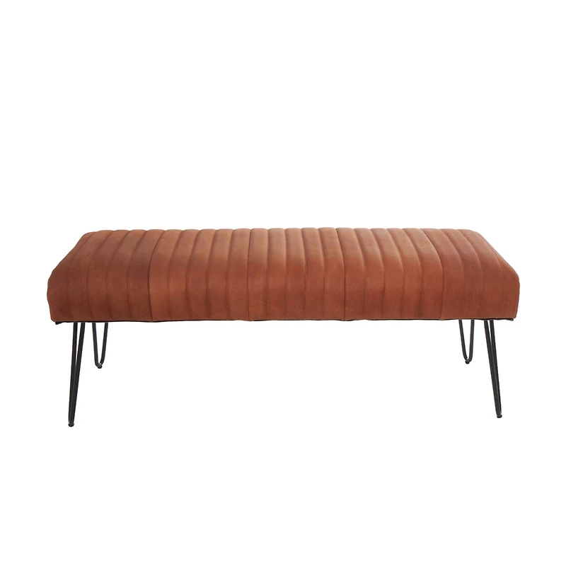 4ft. Brown Leather Upholstered Bench with Hairpin Legs