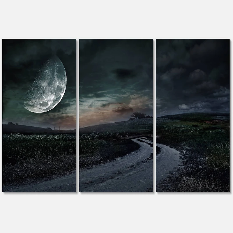 Designart - Rural Road Through The Meadow Under Full Moon