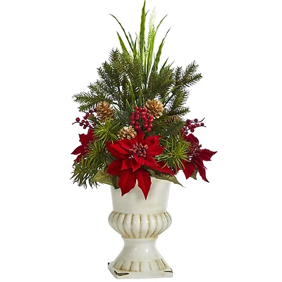 2ft. Poinsettia, Grass & Succulent Arrangement in White Urn