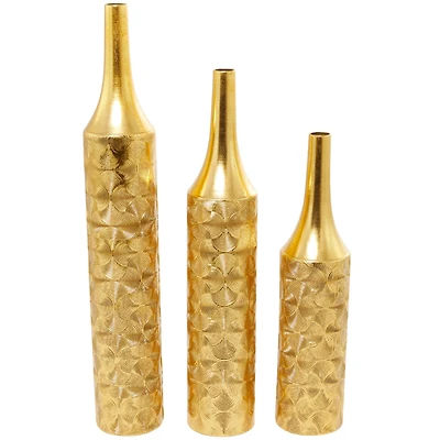 Gold Metal Tall Distressed Metallic Vase with Etched Swirl Patterns Set of 3 36", 30", 25"