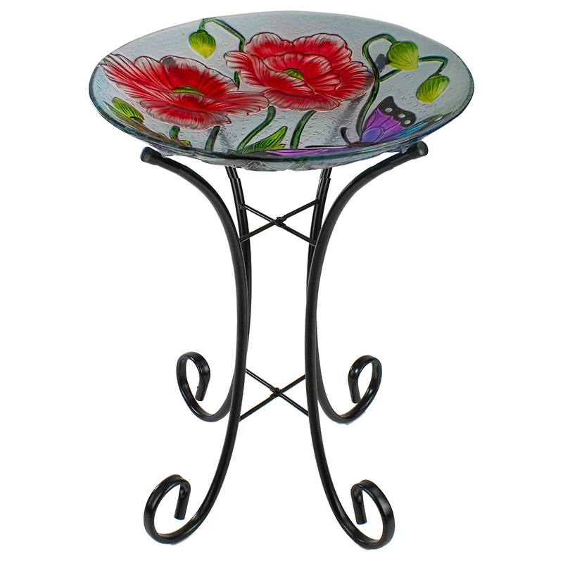 21'' Butterfly and Carnations Hand Painted Glass Birdbath