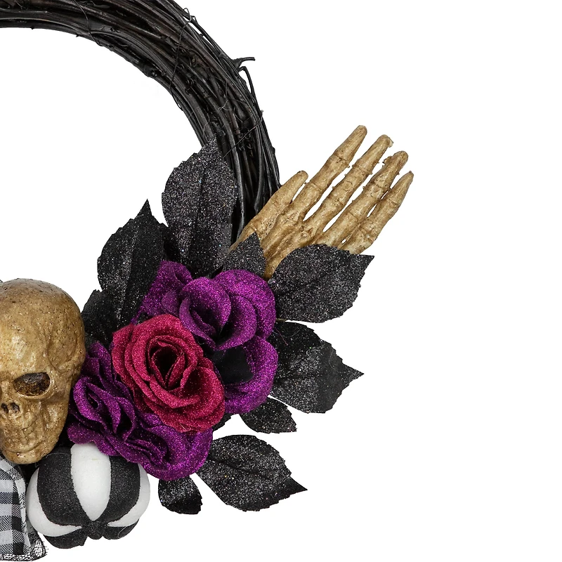 22" Skull with Hands & Purple Roses Halloween Twig Wreath