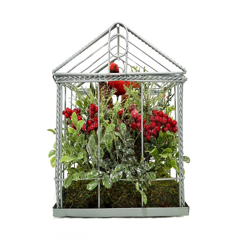 9" Red & Green Cardinal Boxwood Artificial Christmas Greenhouse Arrangement