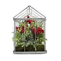 9" Red & Green Cardinal Boxwood Artificial Christmas Greenhouse Arrangement