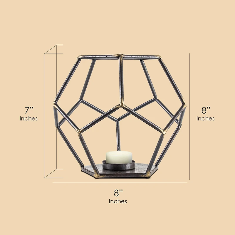 8" Dark Steel & Gold Geometric Metal Candle Holder
