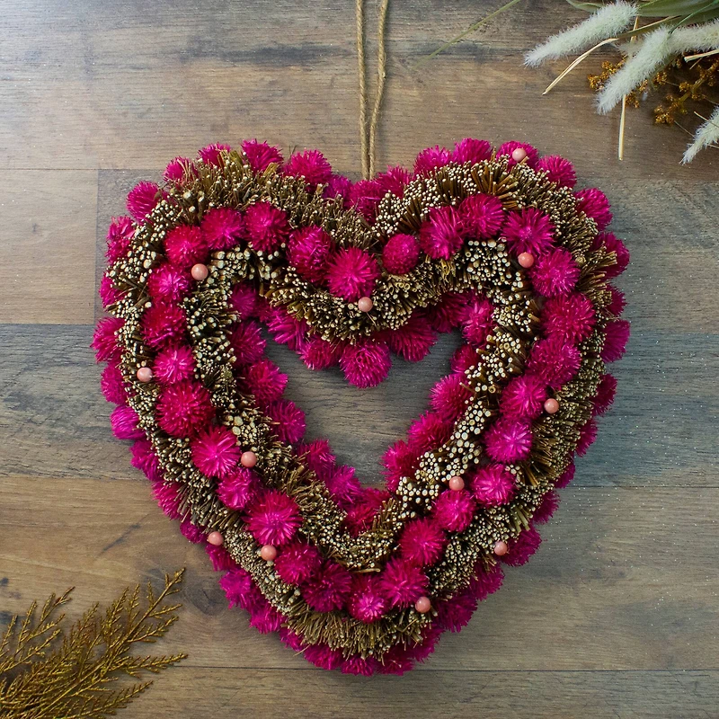 Pink Botanicals and Twigs Artificial Valentine's Day Heart Wreath 13" Unlit