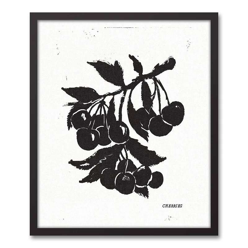 Block Print Cherries 20" x 24" Black Framed Canvas
