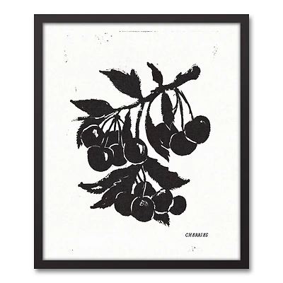 Block Print Cherries 20" x 24" Black Framed Canvas