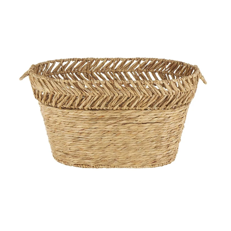 30" Brown Seagrass Handmade Woven Oval Storage Basket with Zig Zag Patterned Rim