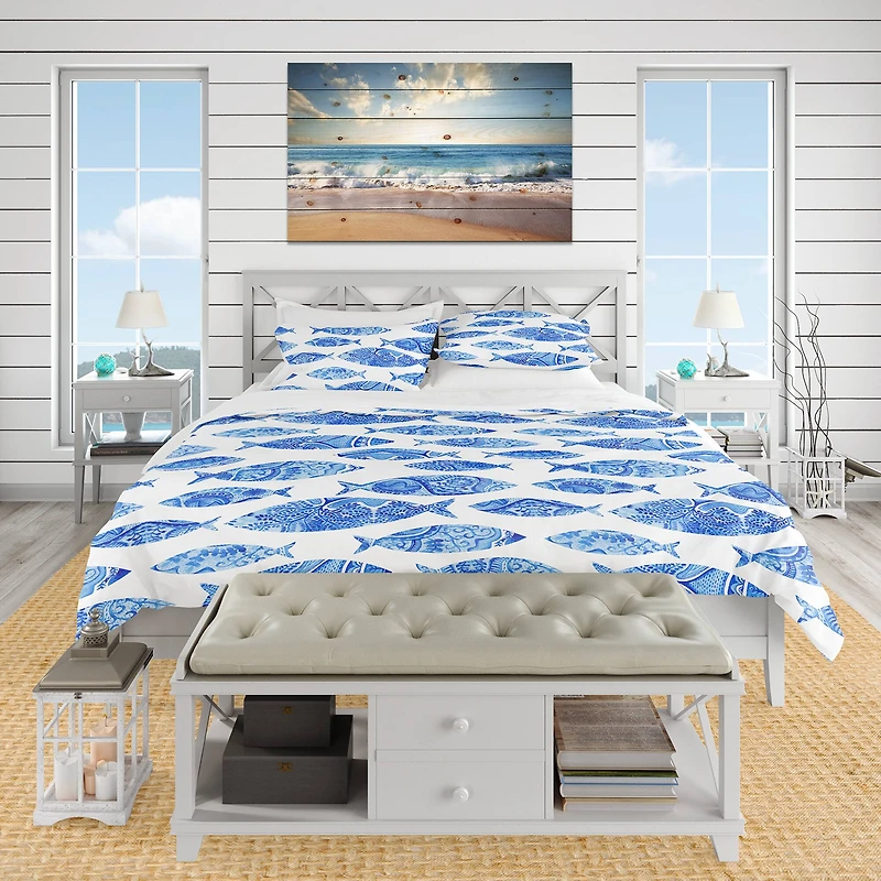 Designart Pattern with Fishes Nautical & Coastal Duvet Cover Set