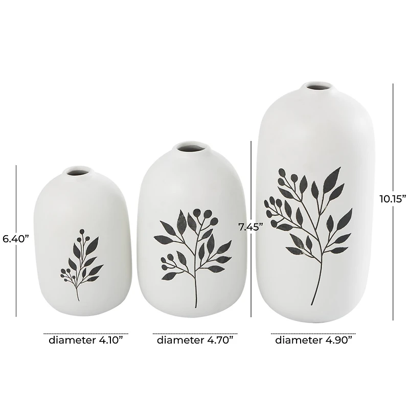 White Ceramic Vase with Black Leaf & Berry Prints Set