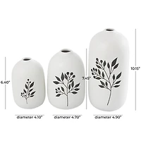 White Ceramic Vase with Black Leaf & Berry Prints Set