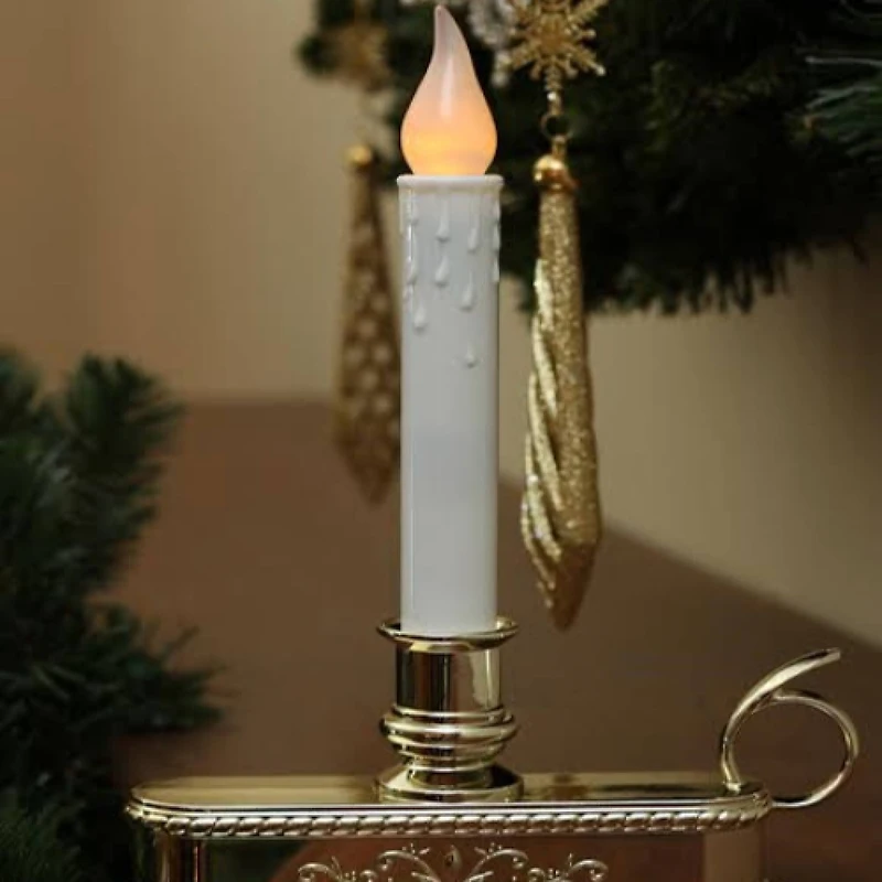 8.75" Pre-Lit White & Gold LED C5 Flickering Christmas Candle Lamp With Handle Base