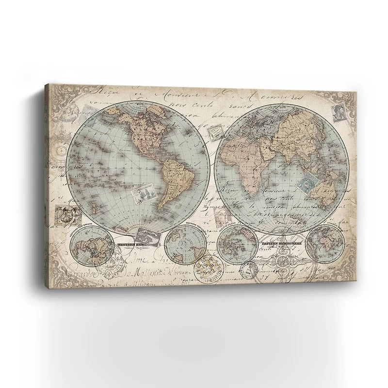 World Map Hemispheres Landscape Canvas Giclee
