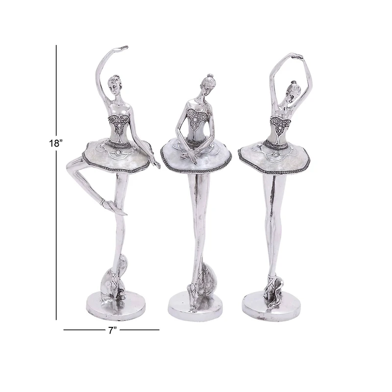 Set of 3 Silver Polystone Modern Dancer Sculpture, 18", 18", 16"
