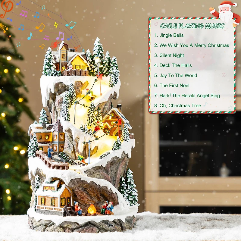 Glitzhome® 15.5" Lighted Christmas Skiing Moutain Resin Village with Movement and Music