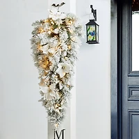 Glitzhome® 36" Pre-Lit Flocked Greenery Pine White Poinsettia & Berry Christmas Teardrop with Timer