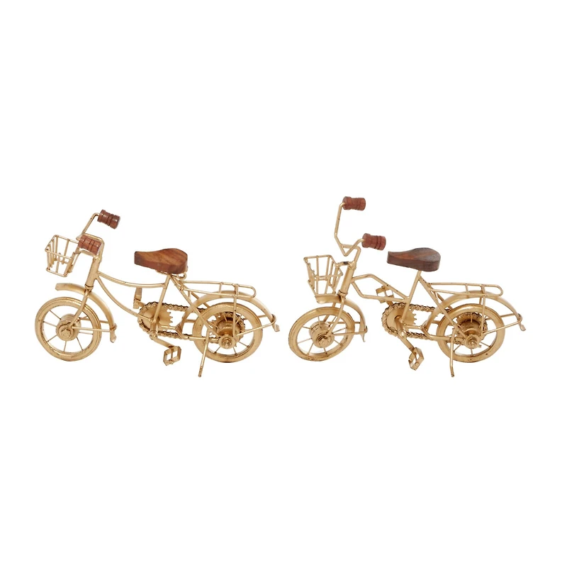 11" Gold Metal Bike Sculpture with Wood Accents Set